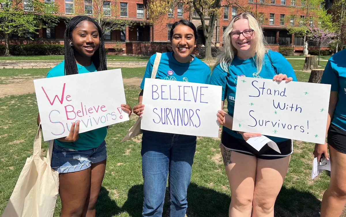 Students at the Pittsburgh Universities Believe Survivors march through Oakland in April 2023.