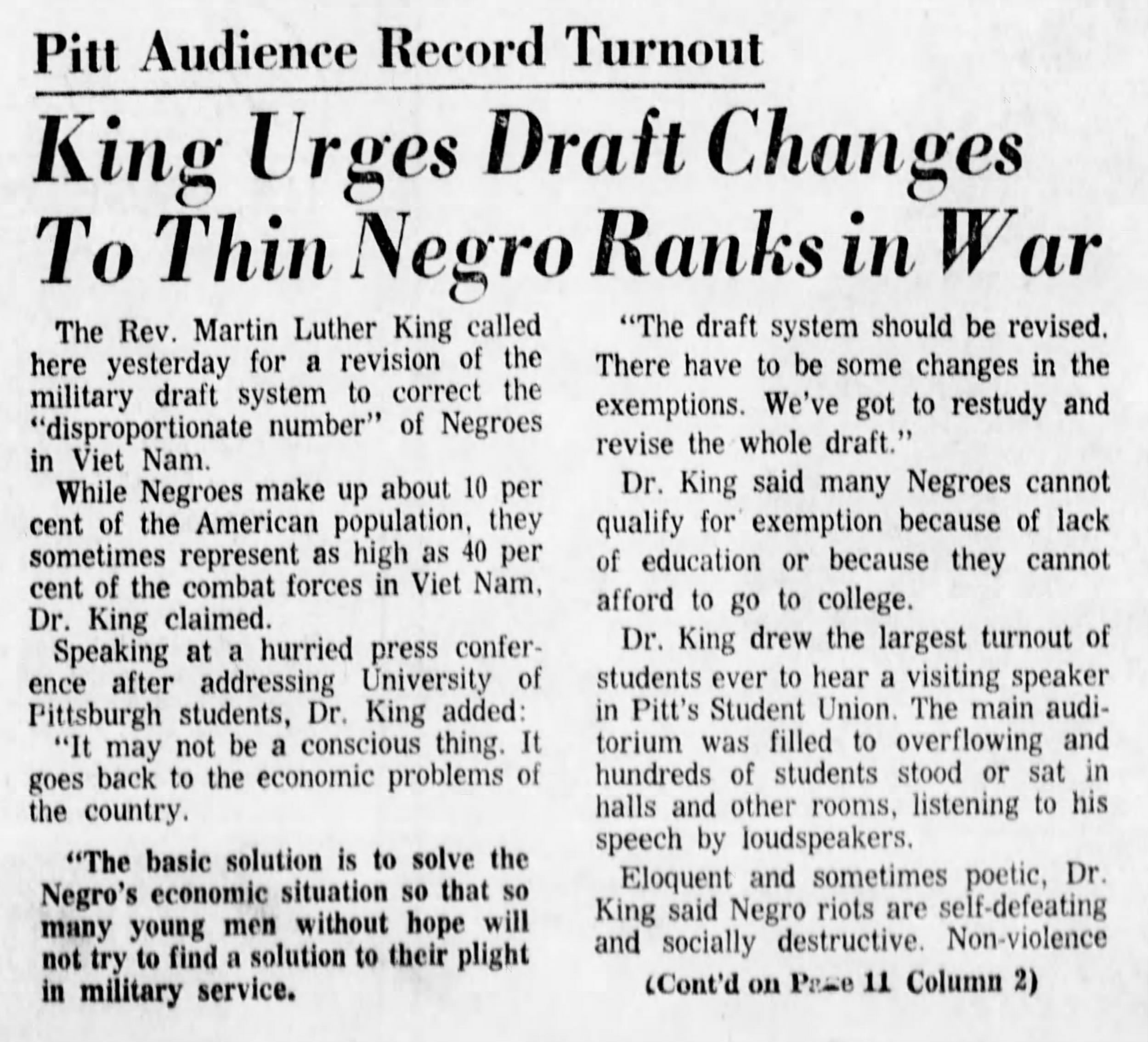 Headline from the Pittsburgh Post-Gazette says "Pitt Audience Record Turnout: King Urges Draft Changes to Thin Negro Ranks in War."