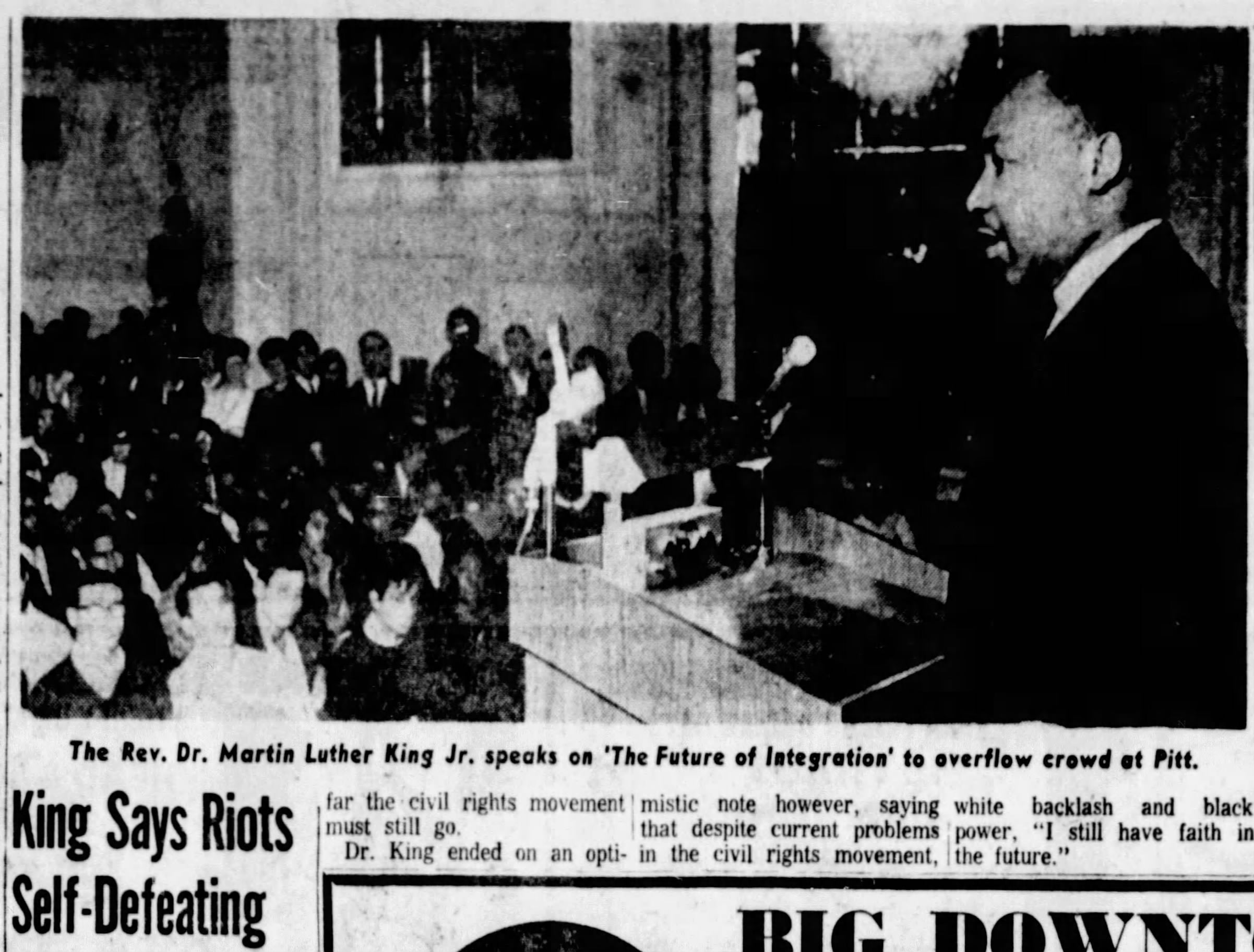 Photo from the Pittsburgh Press, Nov. 2, 1966, shows King speaking to a large crowd at the William Pitt Union