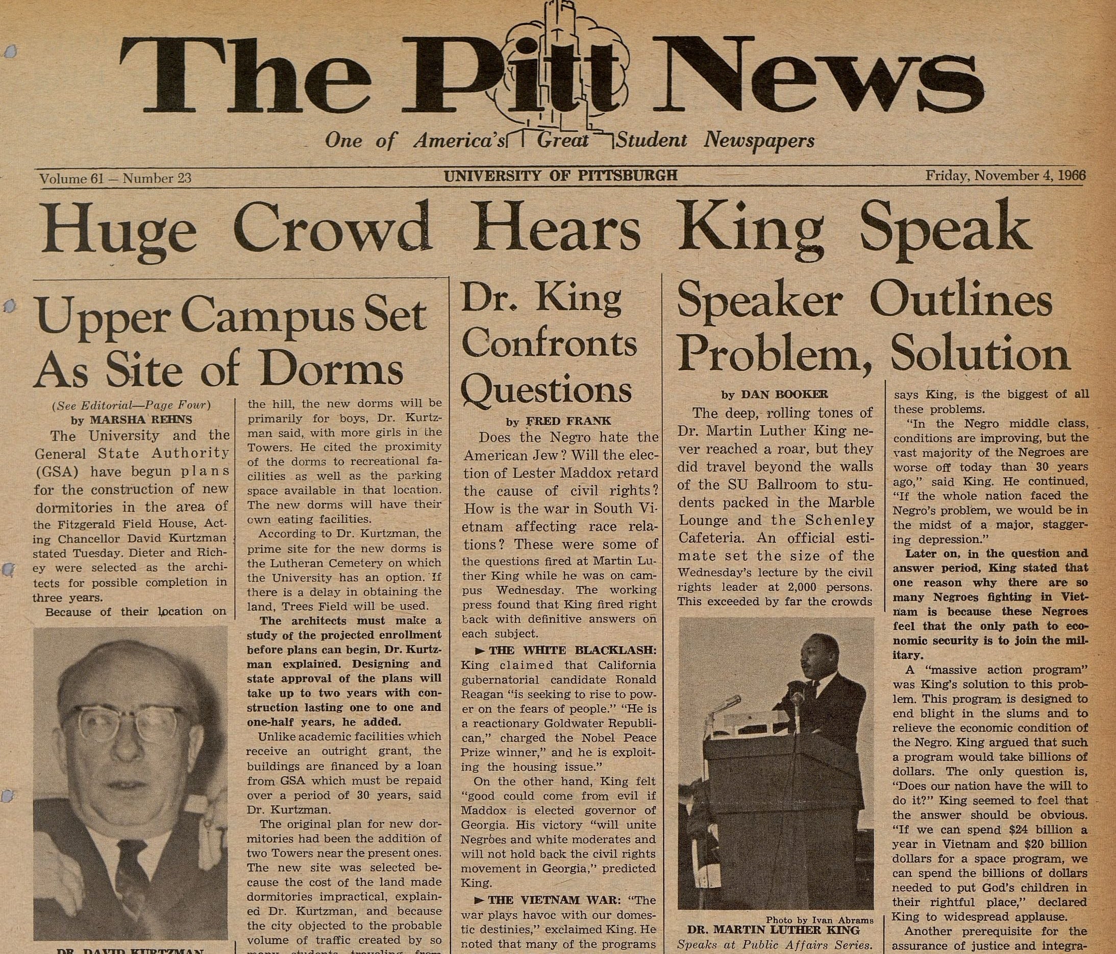 Front page of The Pitt News for Nov. 3, 1966. Headline says, Huge Crowd Hears King Speak