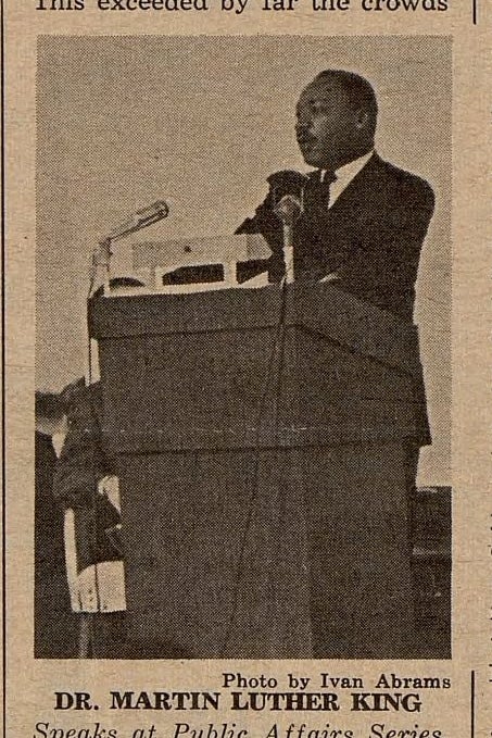 Photo of Martin Luther King Jr. speaking at Pitt, from The Pitt News