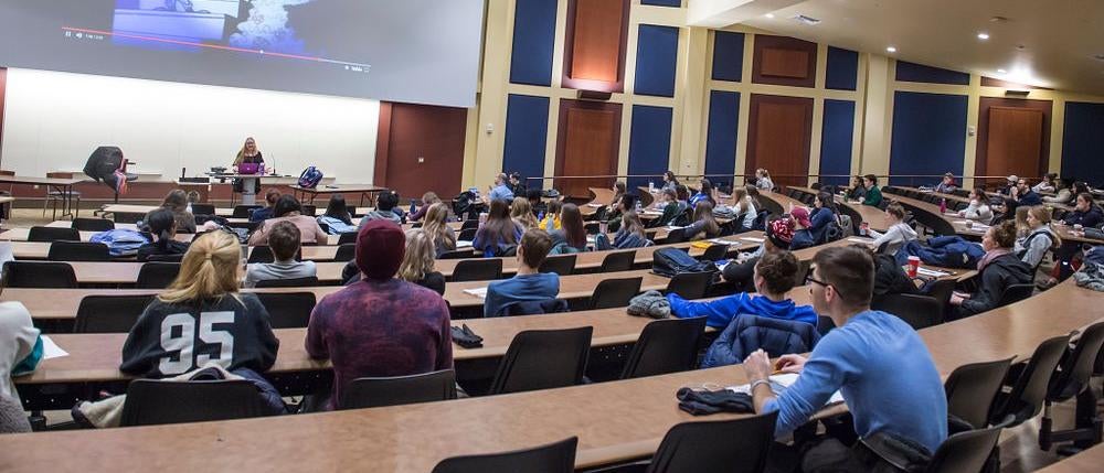 Students sitting in a large classroom